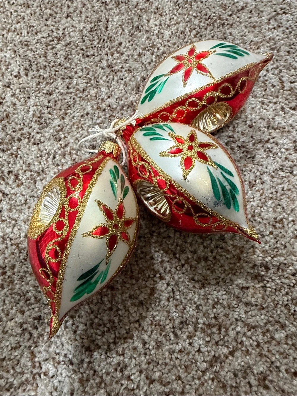 Vintage Polish Glass Christmas Ornaments Indented Reflector Red White 3PC Set